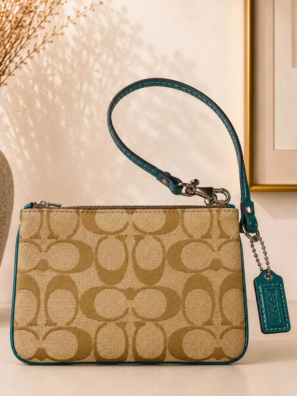 Coach Signature Khaki Canvas Turquoise Stripe Wristlet Zip Pouch Clutch Wallet